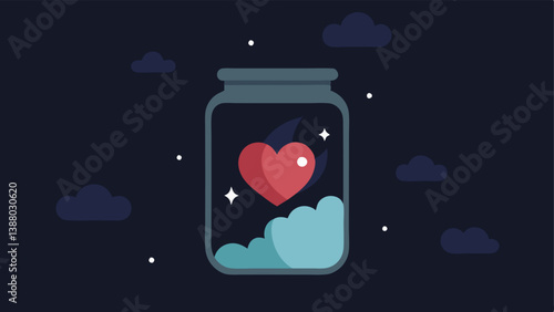 Heart in a Jar An illustration of a heart p inside a glass jar symbolizing emotions being contained and isolated with the jar surrounded by dark clouds.