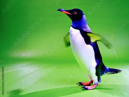 Penguin mid-action green screen isolated outstretched wings orange beak jumping pose digital compositing vibrant background wildlife photography dancing jumping playful wild bird funny behavior video