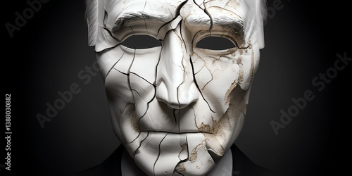 Mask of Privilege Concept: Cracked Charismatic Leader Mask Revealing Insecurity in Mixed Media Portrait