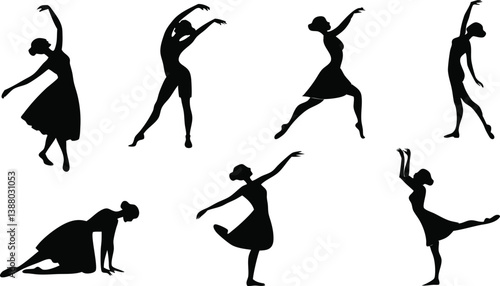 collection of graceful dancing woman silhouettes performing ballet and modern dance movements on white background
