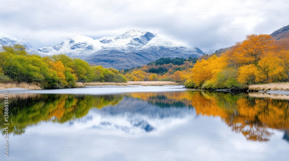 A serene lake reflects snow-capped mountains and autumnal trees. The composition is balanced, showcasing vibrant yellows and greens. The high-resolution image boasts excellent clarity and natural lig A serene lake reflects snow-capped mountains and autumnal trees. The composition is balanced, showcasing vibrant yellows and greens. The high-resolution image boasts excellent clarity and natural lig