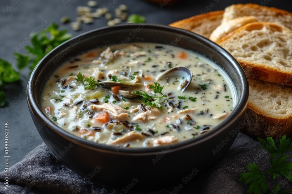 Delicious creamy clam chowder soup served with toasted bread slices Delicious creamy clam chowder soup served with toasted bread slices