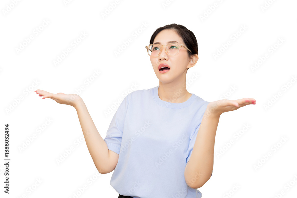 A woman with glasses performs a gesture of uncertainty, lifting her hands in a questioning manner. A woman with glasses performs a gesture of uncertainty, lifting her hands in a questioning manner.