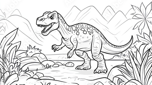 Fototapeta Naklejka Na Ścianę i Meble -  Dinosaur coloring page, prehistoric landscape, coloring book illustration, kid's activity