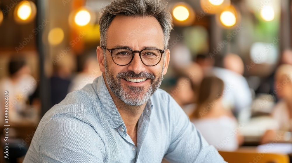 Obraz premium A smiling man with glasses sits in a lively cafe, surrounded by blurred figures, showcasing a warm and inviting atmosphere.