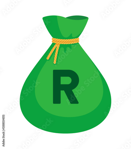 Green money bag with South African rand sign (R). Economy, finance, wealth, profit, income, banking, ZAR currency concept. Flat vector illustration isolated on a white background	
