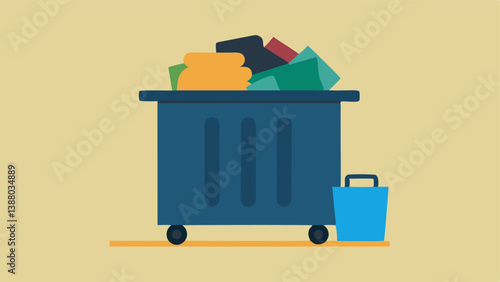 Garment Disposal An of a dumpster overflowing with discarded clothing showcasing the environmental impact and waste associated with fast fashion.