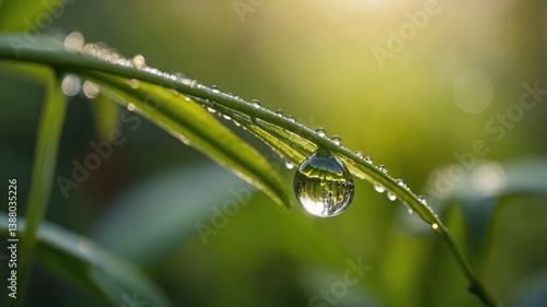 A close-up of a dew-covered leaf reflecting light in a serene natural setting.