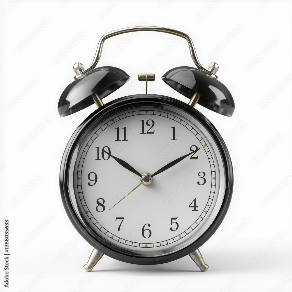 Classic alarm clock front view timeless design isolated on white background Classic alarm clock front view timeless design isolated on white background