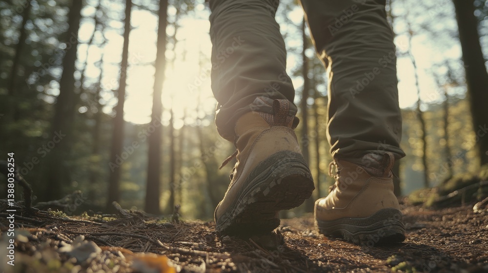 Unrecognizable male traveller or hiker walking in the forest and climbing on hill. Closeup hiking boots from the front side. Sunny forest Unrecognizable male traveller or hiker walking in the forest and climbing on hill. Closeup hiking boots from the front side. Sunny forest