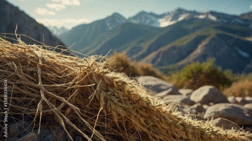 A close-up of harvested wheat with mountains in the background, showcasing nature's bounty. A close-up of harvested wheat with mountains in the background, showcasing nature's bounty.