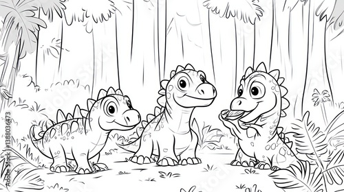 Fototapeta Naklejka Na Ścianę i Meble -  Cute dinosaurs in a prehistoric jungle scene.  Possible coloring page