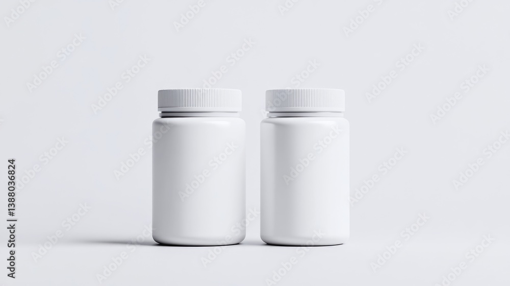 Two White Pill Bottles Minimalist Product Mockup Studio Lighting Frontal Two-shot View Clean Design Packaging Samples Neutral Background Pure White Pharmaceutical Branding Two White Pill Bottles Minimalist Product Mockup Studio Lighting Frontal Two-shot View Clean Design Packaging Samples Neutral Background Pure White Pharmaceutical Branding