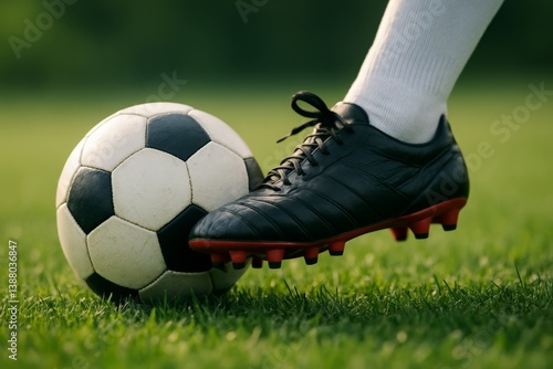 Soccer Player Kicks Black and White Ball on Green Grass Field During Sunny Day