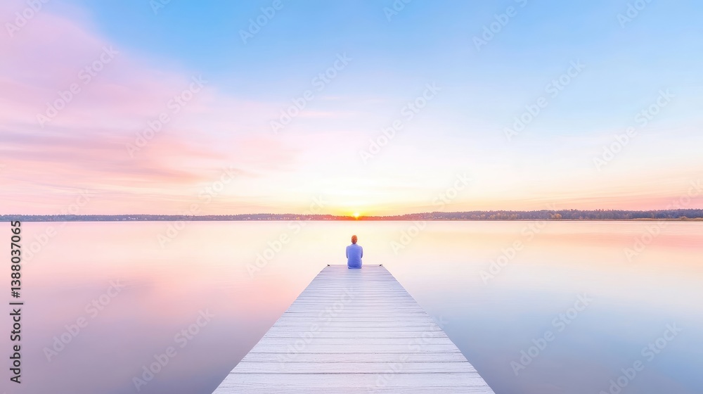 Obraz premium Peaceful sunrise on a serene lake. A person sits in meditation on a wooden dock, gazing at the tranquil sunrise over a calm lake. Soft pastel colors create a serene and inspirational atmosphere