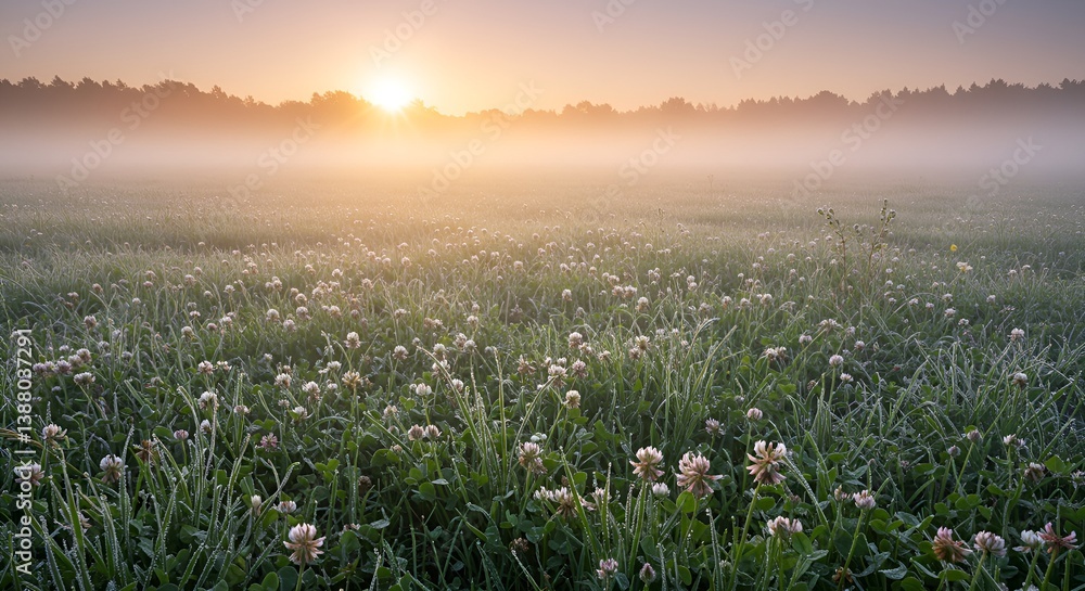 Obraz premium A magical spring meadow at sunrise, covered with dew-kissed clover and tiny white flowers, soft fog in the background