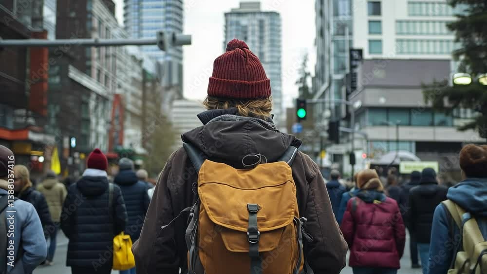 People walking in urban setting with a person wearing a backpack and hat in focus People walking in urban setting with a person wearing a backpack and hat in focus