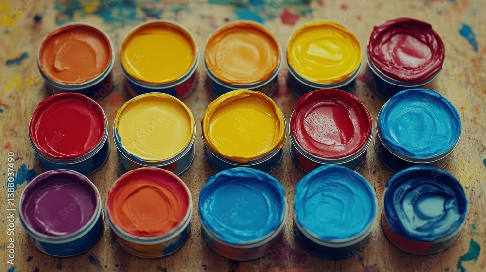 Vibrant paint tins arranged in a colorful grid Vibrant paint tins arranged in a colorful grid