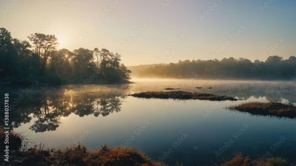 Fototapeta premium Tranquil morning at a misty lake with reflections of trees and soft sunlight.