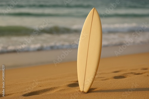 Surfboard Standing on Golden Sand Near Ocean Waves at Sunset on a Tranquil Beach