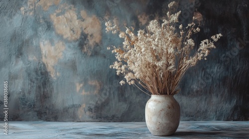 Dried Flower Bouquet in Ceramic Vase Against Textured Background