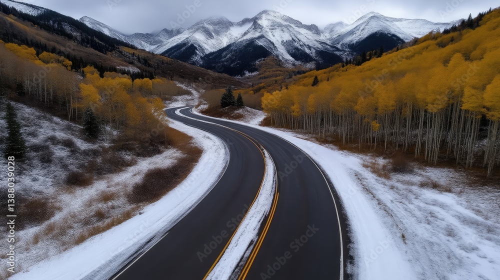 Winding road through a mountain pass in autumn, snowy landscape Winding road through a mountain pass in autumn, snowy landscape