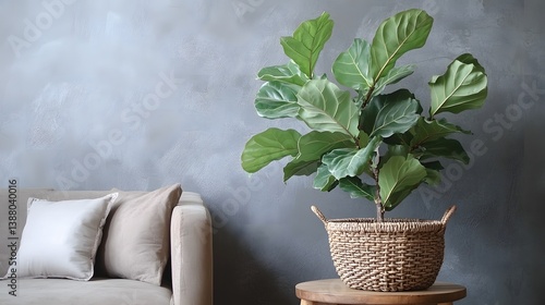 Modern Minimalist Living Room with Beige Sofa, Green Fiddle-Leaf Fig Plant, and Woven Basket Against a Textured Gray Wall