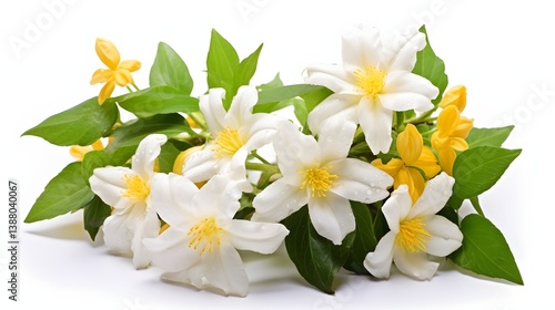 Beautiful Arrangement of White and Yellow Jasmine Flowers with Green Leaves on a White Background