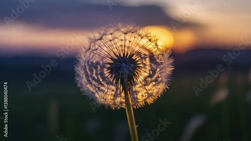 A close-up of a dandelion seed head against a sunset background.