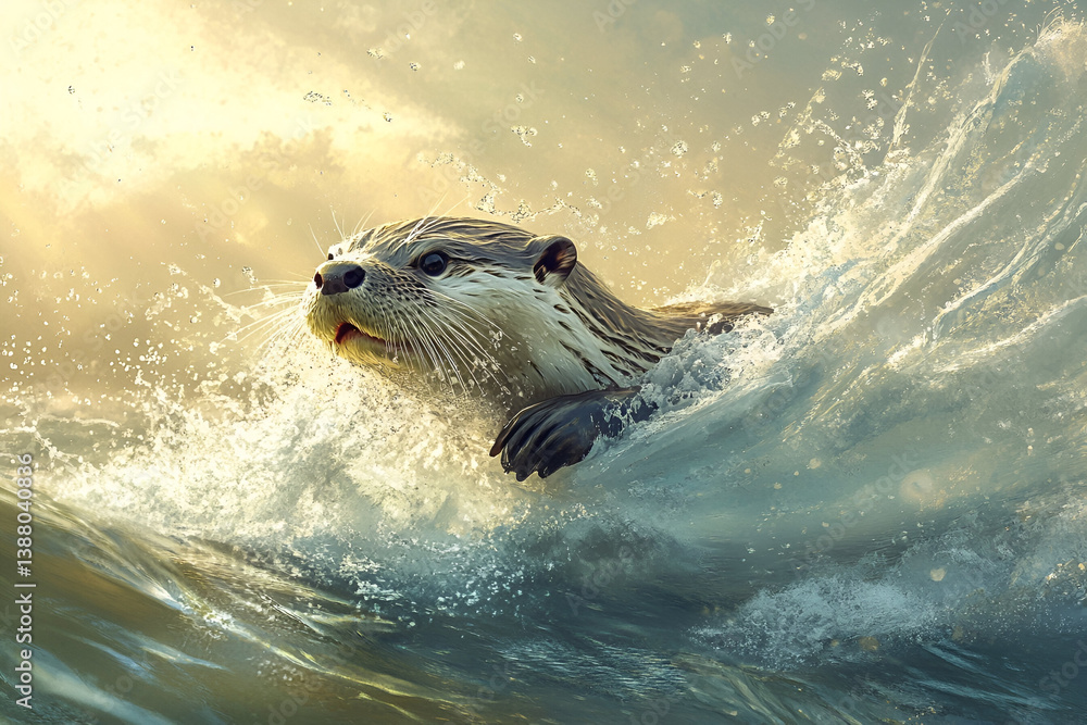 Obraz premium A playful otter tumbling through the river's current, its fur glistening under the sunlight as it splashes through the water, creating frothy waves