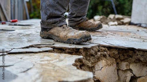 Detailed Inspection of Broken Foundation Underfoot During Building Repair Work Demonstrating Need for Expert Assessment and Restoration