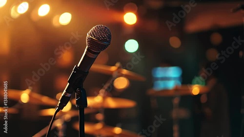 A microphone stands on a dimly lit stage, ready for a live musical performance or public speech at the concert event