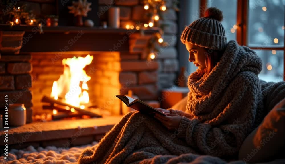 Cozy woman reading by the fireplace in a winter setting Cozy woman reading by the fireplace in a winter setting