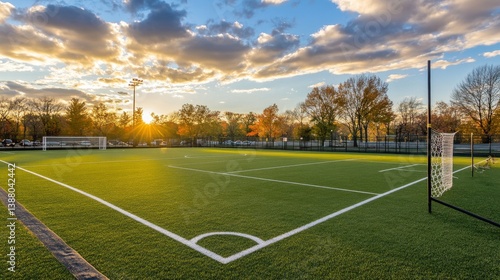 Training soccer field with green turf. Football field with goals and markings or side lines.