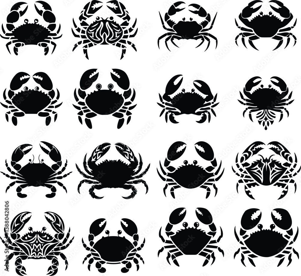 Fototapeta premium Crab Silhouette | Sea Animal and Marine Life Vector Crab Vector Silhouette | Ocean Creature and Beach Icon