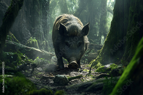 A wild boar rooting through the forest floor, its snout buried in the dirt as it searches for food, surrounded by thick trees and moss-covered rocks