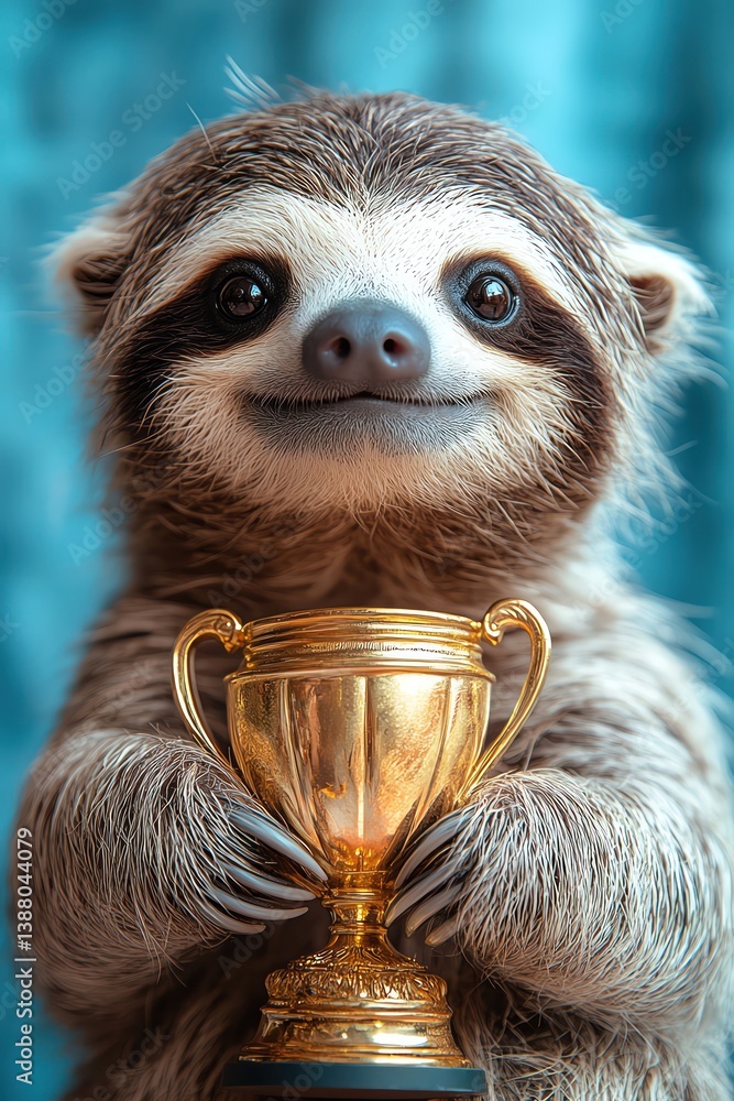 Obraz premium Happy sloth holding a gold trophy, raising arm in victory, humorous and uplifting animal portrait
