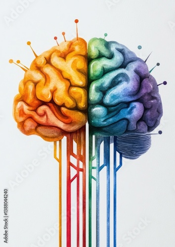Watercolor Painting of a Human Brain Divided into Two Hemispheres with Rainbow-Colored Connections