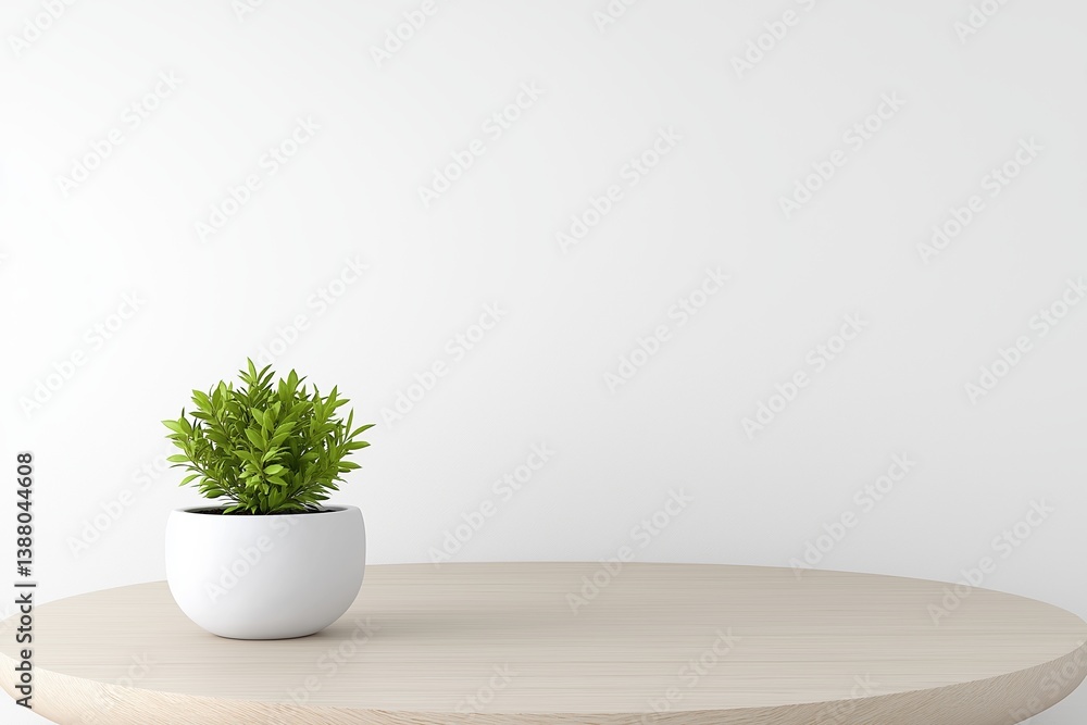Fototapeta premium Minimal Eco-Friendly Home Interior Featuring a Small Green Plant on a Light Wooden Table