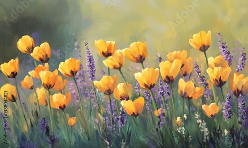 Vibrant yellow poppies and purple lavender flowers in a sunlit field, painted in an impressionistic style.