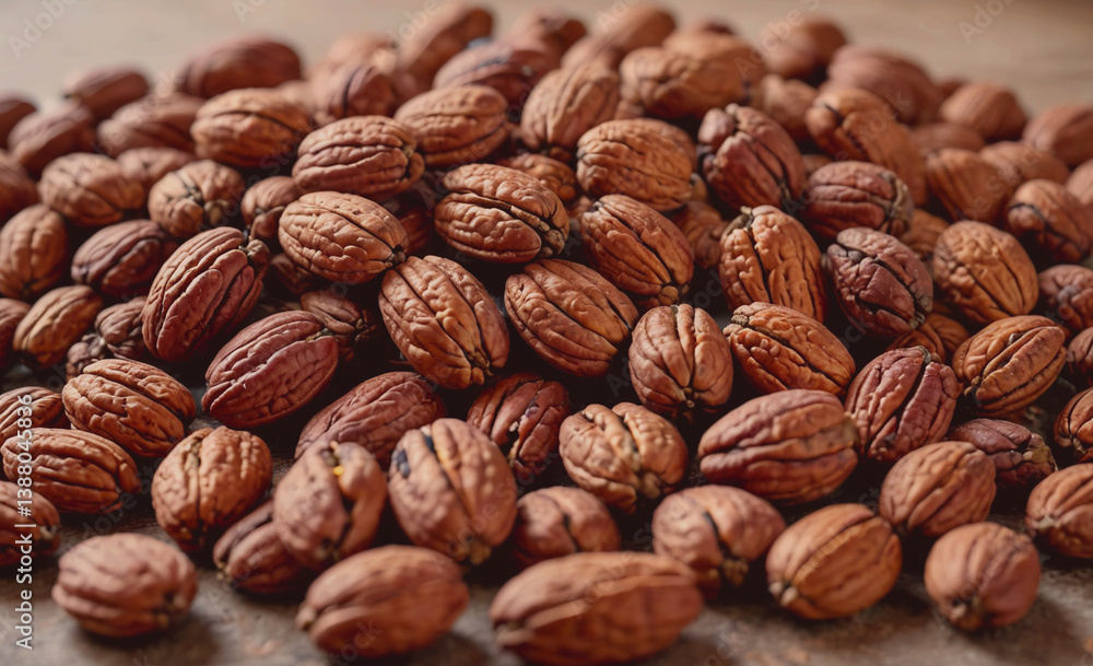 Pile of nuts with a brown color. The nuts are scattered all over the surface. There are many nuts in the pile Pile of nuts with a brown color. The nuts are scattered all over the surface. There are many nuts in the pile