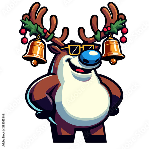 Cool reindeer wearing big Christmas bells, humorous New Year mood, colored vector, transparent background 