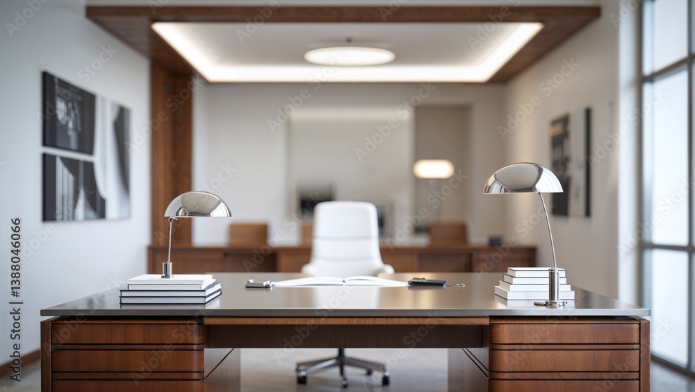 Modern office desk with lamps and books in upscale workspace Modern office desk with lamps and books in upscale workspace