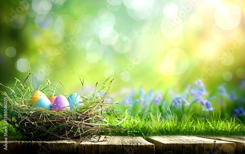 Beautiful background with green grass, a wooden table, and colorful Easter eggs in a nest on a