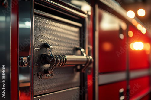 A close-up of a latch mechanism on a red fire truck compartment with diamond plate metal.