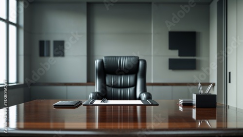 Modern office interior showing executive workplace with polished desk and leather chair