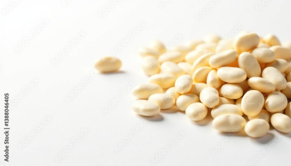 Scattered white beans against pure white backdrop, white beans, kidney beans, background Scattered white beans against pure white backdrop, white beans, kidney beans, background