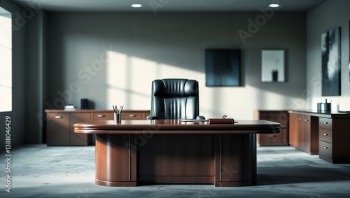 Modern office interior with wooden desk and leather chair