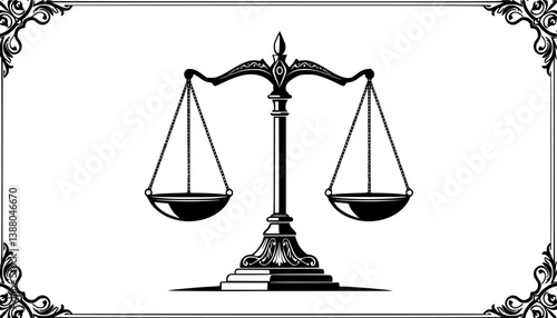 Scales of justice, black and white illustration, symmetrical design, legal symbol, balance, equality, law icon, vector graphic, minimalist artwork, judicial emblem, monochrome drawing, 