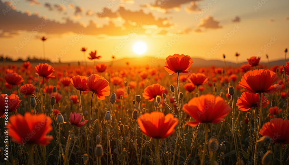 Fototapeta premium A golden sunset illuminates a vast field filled with blooming poppy flowers. The sky is painted in warm hues, creating a tranquil atmosphere as flowers sway gently in the evening breeze